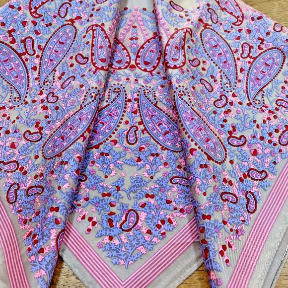 Vintage Scarf Silky Gray Pink Blue Bandana Square Acetate Paisley Print Neck Tie - Picture 7 of 7